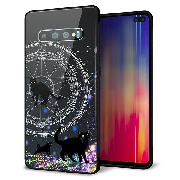 au ギャラクシー S10+ SCV42 強化ガラス&TPUスマホケース ガラプリ【YJ330 魔法陣猫 キラキラ 黒猫】