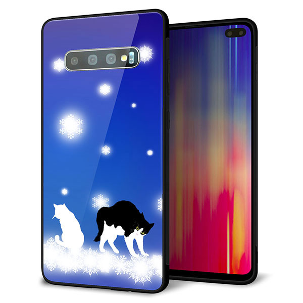 au ギャラクシー S10+ SCV42 強化ガラス&TPUスマホケース ガラプリ【YJ335 雪の結晶 はちわれ】