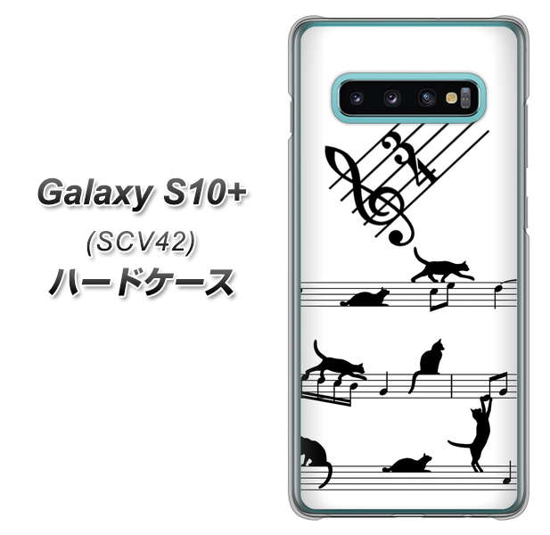 au ギャラクシー S10+ SCV42 高画質仕上げ 背面印刷 ハードケース【1112 音符とじゃれるネコ2】