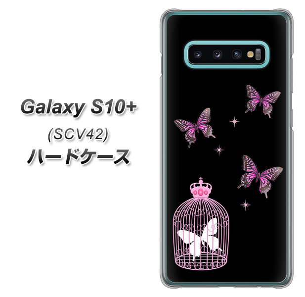 au ギャラクシー S10+ SCV42 高画質仕上げ 背面印刷 ハードケース【AG811 蝶の王冠鳥かご(黒×ピンク)】