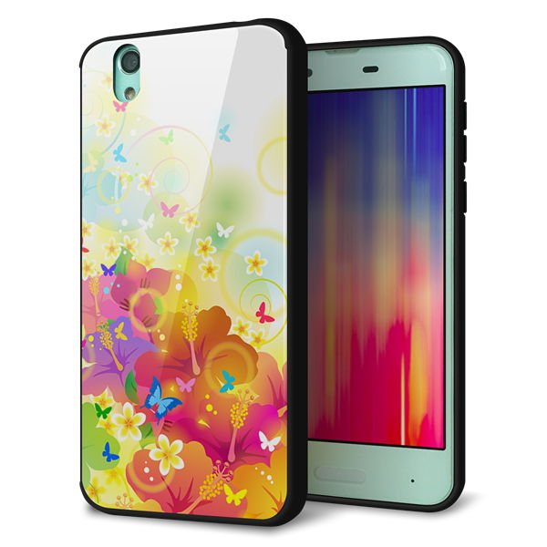 docomo アクオス センス SH-01K 強化ガラス&TPUスマホケース ガラプリ【647 ハイビスカスと蝶】