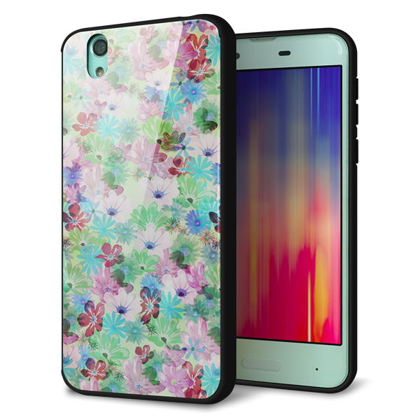 au アクオス センス SHV40 強化ガラス&TPUスマホケース ガラプリ【SC872 リバティプリント プレスドフラワー(グリーン)】