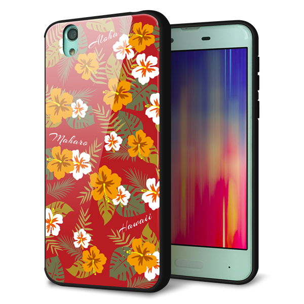 docomo アクオス センス SH-01K 強化ガラス&TPUスマホケース ガラプリ【SC885 ハワイアンアロハレトロ(レッド)】