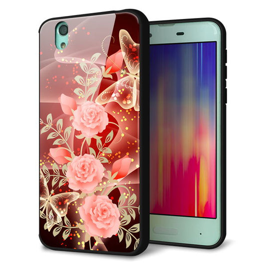 docomo アクオス センス SH-01K 強化ガラス&TPUスマホケース ガラプリ【VA824 魅惑の蝶とピンクのバラ】
