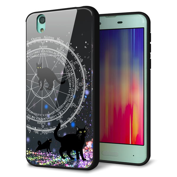 docomo アクオス センス SH-01K 強化ガラス&TPUスマホケース ガラプリ【YJ330 魔法陣猫 キラキラ 黒猫】