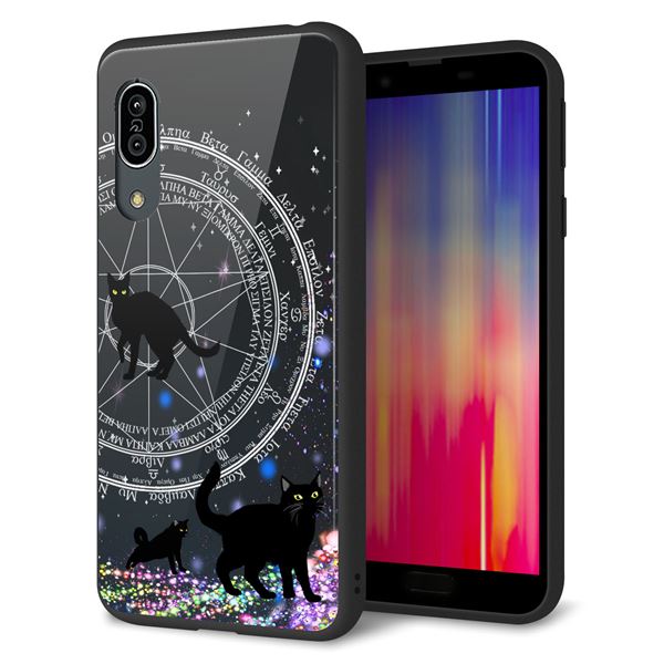 docomo アクオス センス3 SH-02M 強化ガラス&TPUスマホケース ガラプリ【YJ330 魔法陣猫 キラキラ 黒猫】
