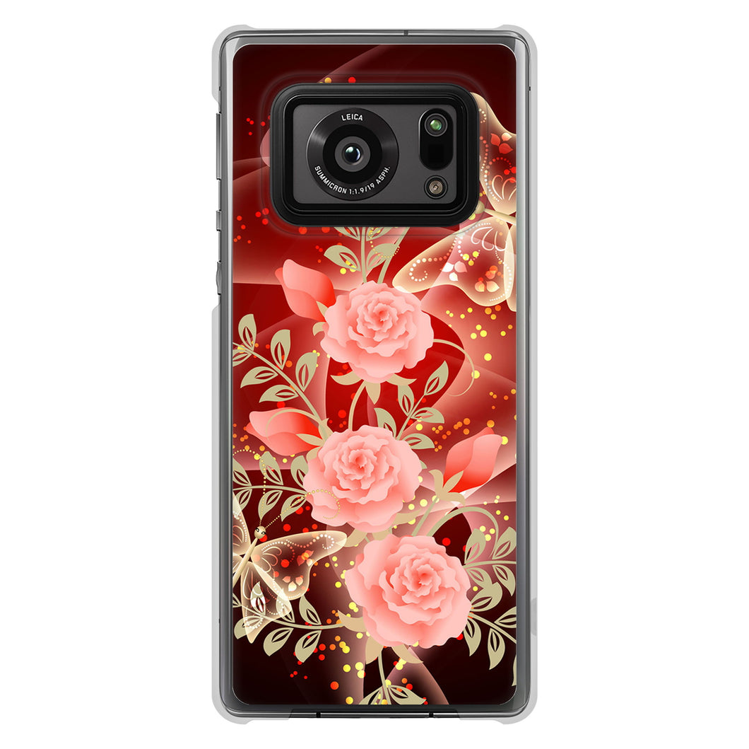 AQUOS R6 SH-51B 高画質仕上げ 背面印刷 ハードケース 【VA824 魅惑の蝶とピンクのバラ】