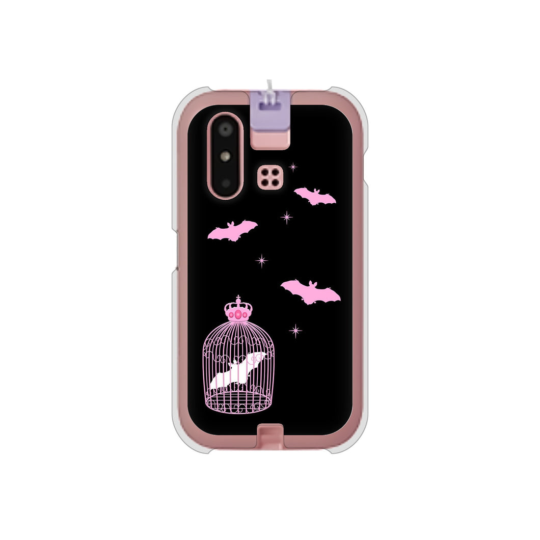 mamorino6 SHF35 au 高画質仕上げ 背面印刷 ハードケース【AG809 こうもりの王冠鳥かご(黒×ピンク)】