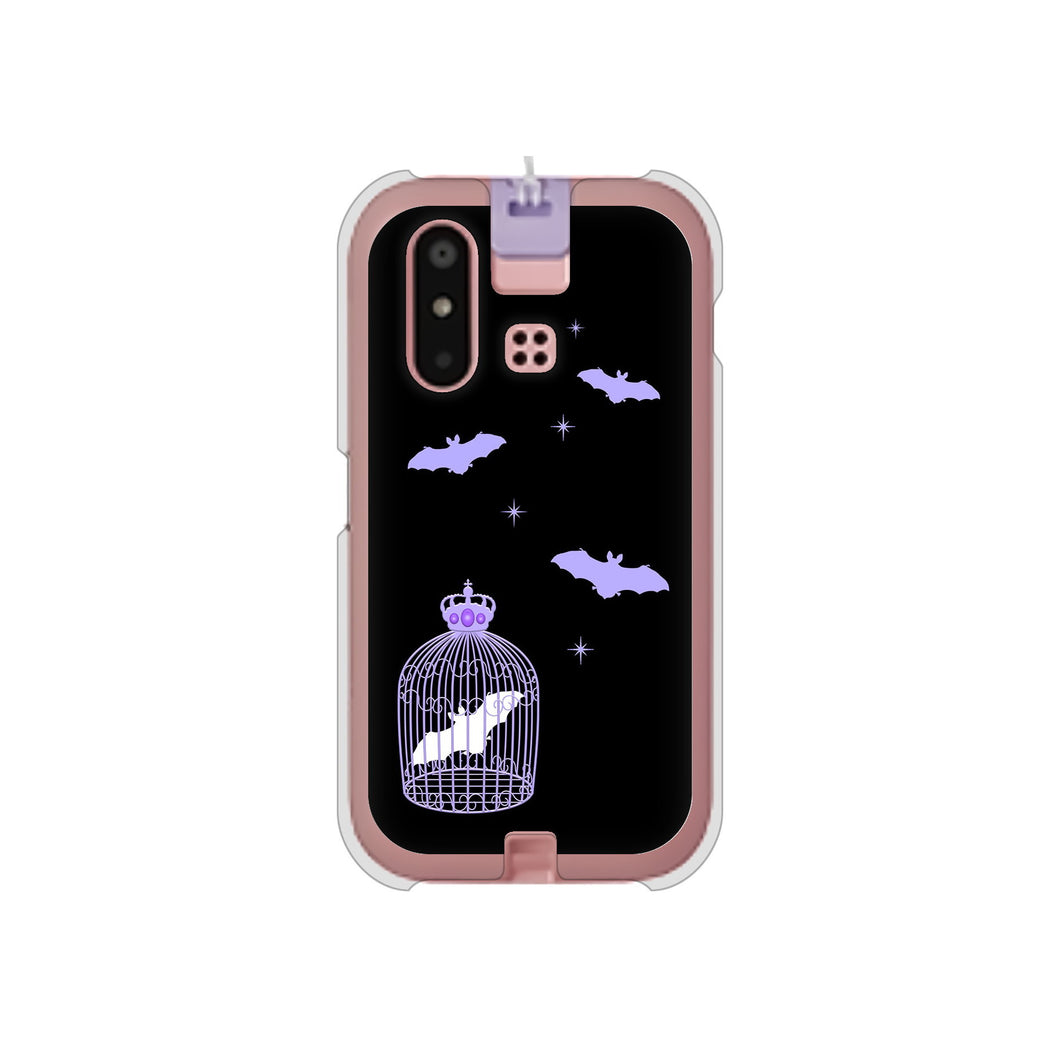 mamorino6 SHF35 au 高画質仕上げ 背面印刷 ハードケース【AG810 こうもりの王冠鳥かご(黒×紫)】