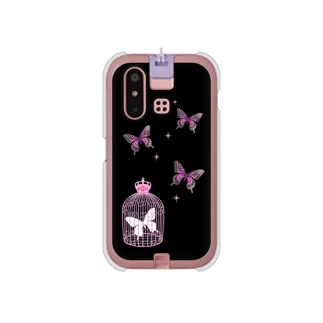 mamorino6 SHF35 au 高画質仕上げ 背面印刷 ハードケース【AG811 蝶の王冠鳥かご(黒×ピンク)】