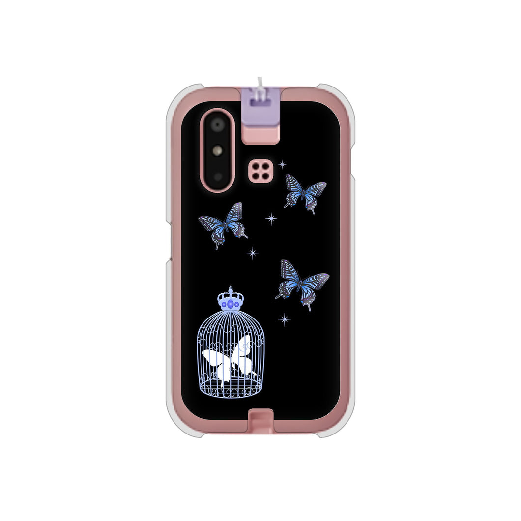 mamorino6 SHF35 au 高画質仕上げ 背面印刷 ハードケース【AG812 蝶の王冠鳥かご(黒×青)】