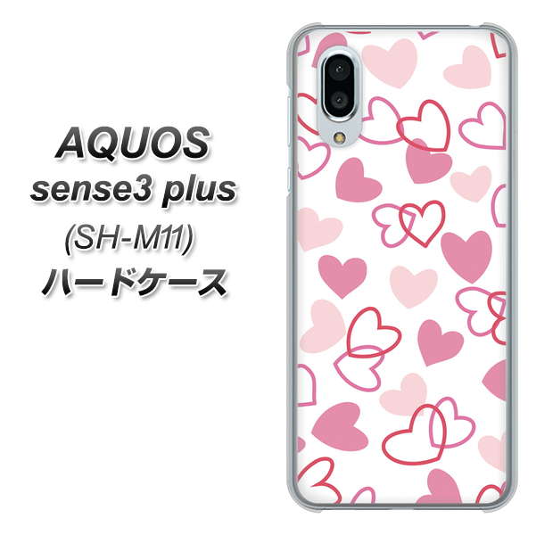 simフリー アクオスセンス3 プラス SH-M11 高画質仕上げ 背面印刷 ハードケース【VA929 ハートがいっぱい ピンク】