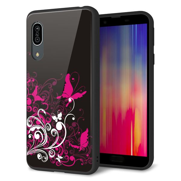 au アクオス センス3 SHV45 強化ガラス&TPUスマホケース ガラプリ【585 闇に舞う蝶】
