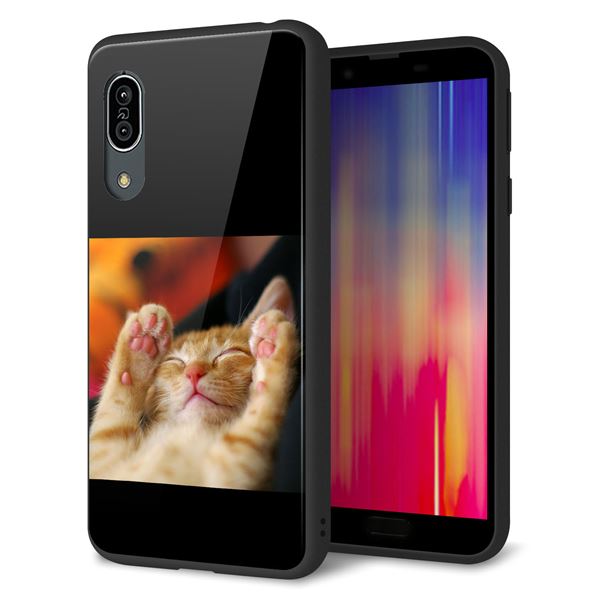 au アクオス センス3 SHV45 強化ガラス&TPUスマホケース ガラプリ【VA804 爆睡するネコ】