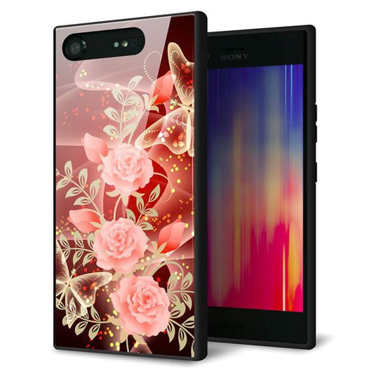 Xperia XZ1 SO-01K docomo 強化ガラス&TPUスマホケース ガラプリ【VA824 魅惑の蝶とピンクのバラ】