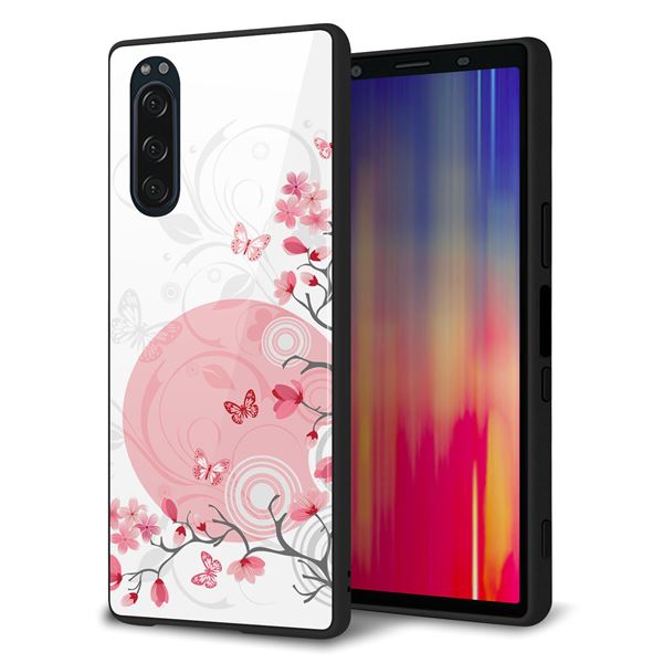 docomo エクスペリア5 SO-01M 強化ガラス&TPUスマホケース ガラプリ【030 花と蝶(うす桃色)】