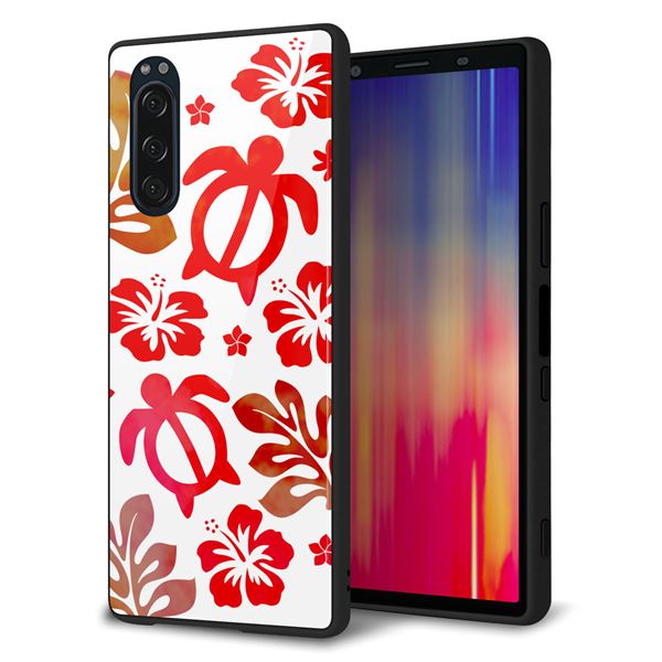docomo エクスペリア5 SO-01M 強化ガラス&TPUスマホケース ガラプリ【SC881 ハワイアンアロハホヌ(レッド)】