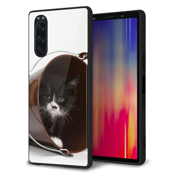 docomo エクスペリア5 SO-01M 強化ガラス&TPUスマホケース ガラプリ【VA800 ネコとバケツ】