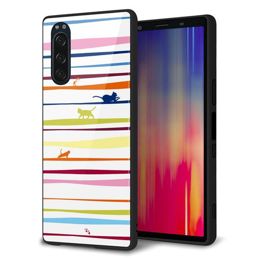 docomo エクスペリア5 SO-01M 強化ガラス&TPUスマホケース ガラプリ【YA893 ストライプネコ02 L】