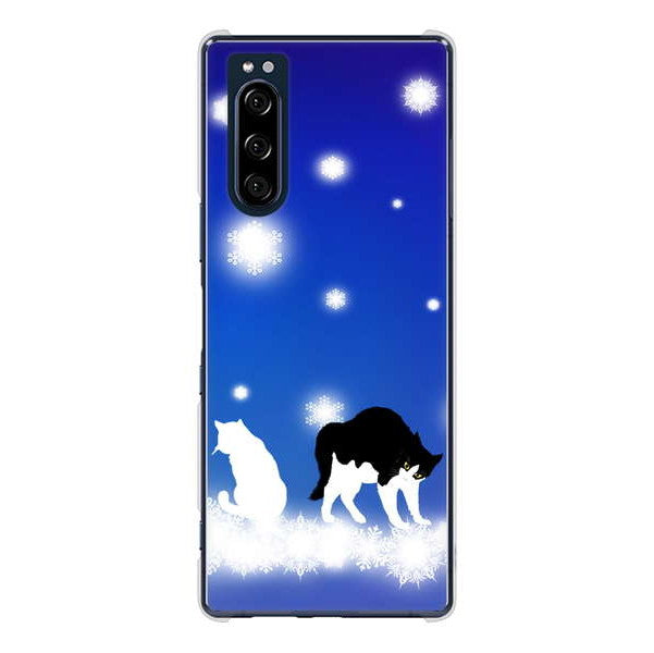 Xperia 5 SO-01M docomo 高画質仕上げ 背面印刷 ハードケース 【YJ335 雪の結晶 はちわれ】