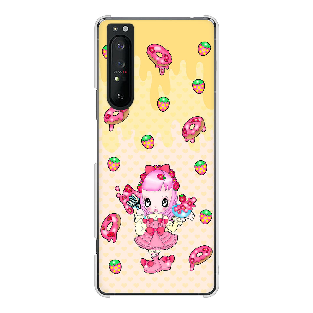 Xperia 1 II SO-51A docomo 高画質仕上げ 背面印刷 ハードケース むかいあぐる ストロベリードーナツ