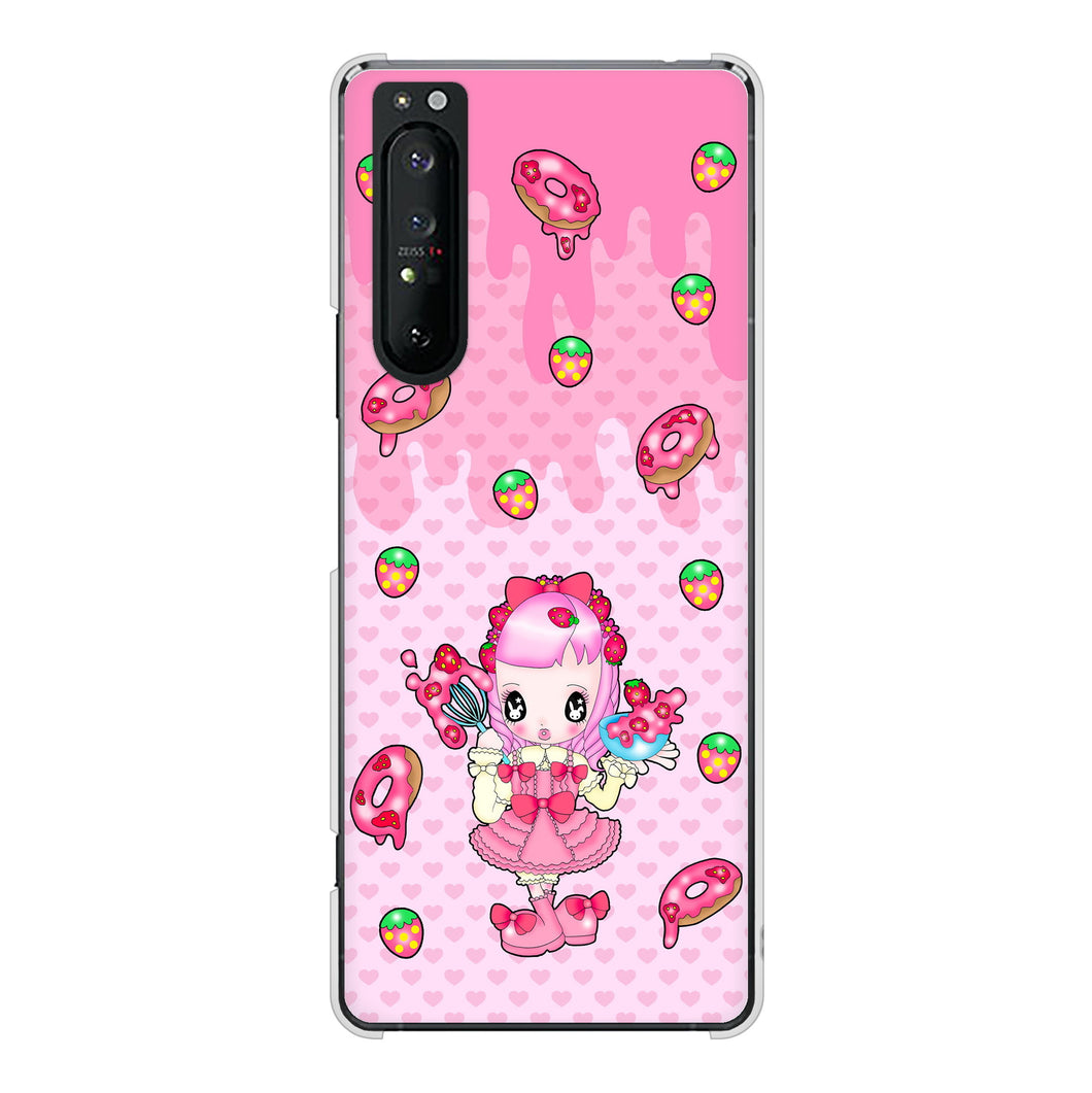 Xperia 1 II SO-51A docomo 高画質仕上げ 背面印刷 ハードケース むかいあぐる ストロベリードーナツ
