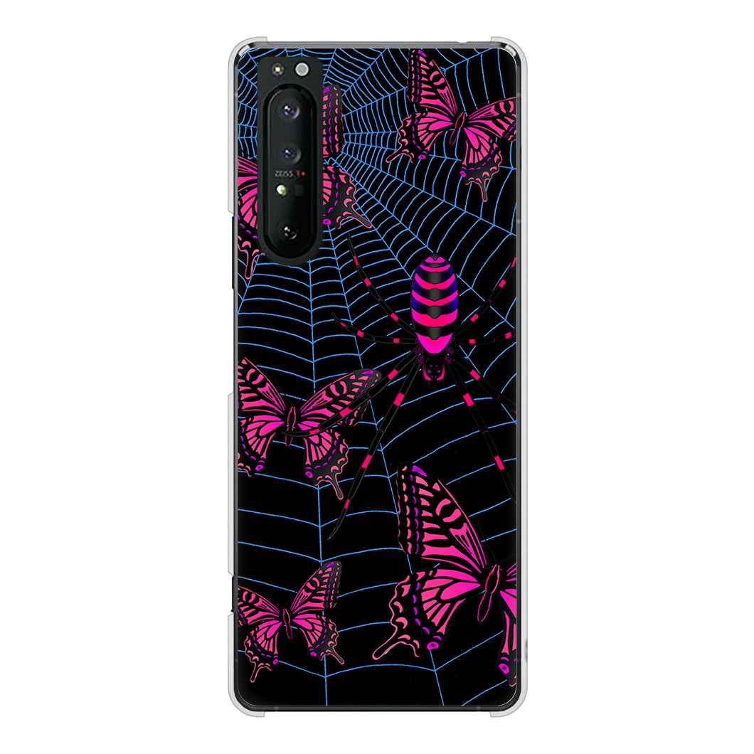 Xperia 1 II SO-51A docomo 高画質仕上げ 背面印刷 ハードケース むかいあぐる 蜘蛛の巣に舞う蝶