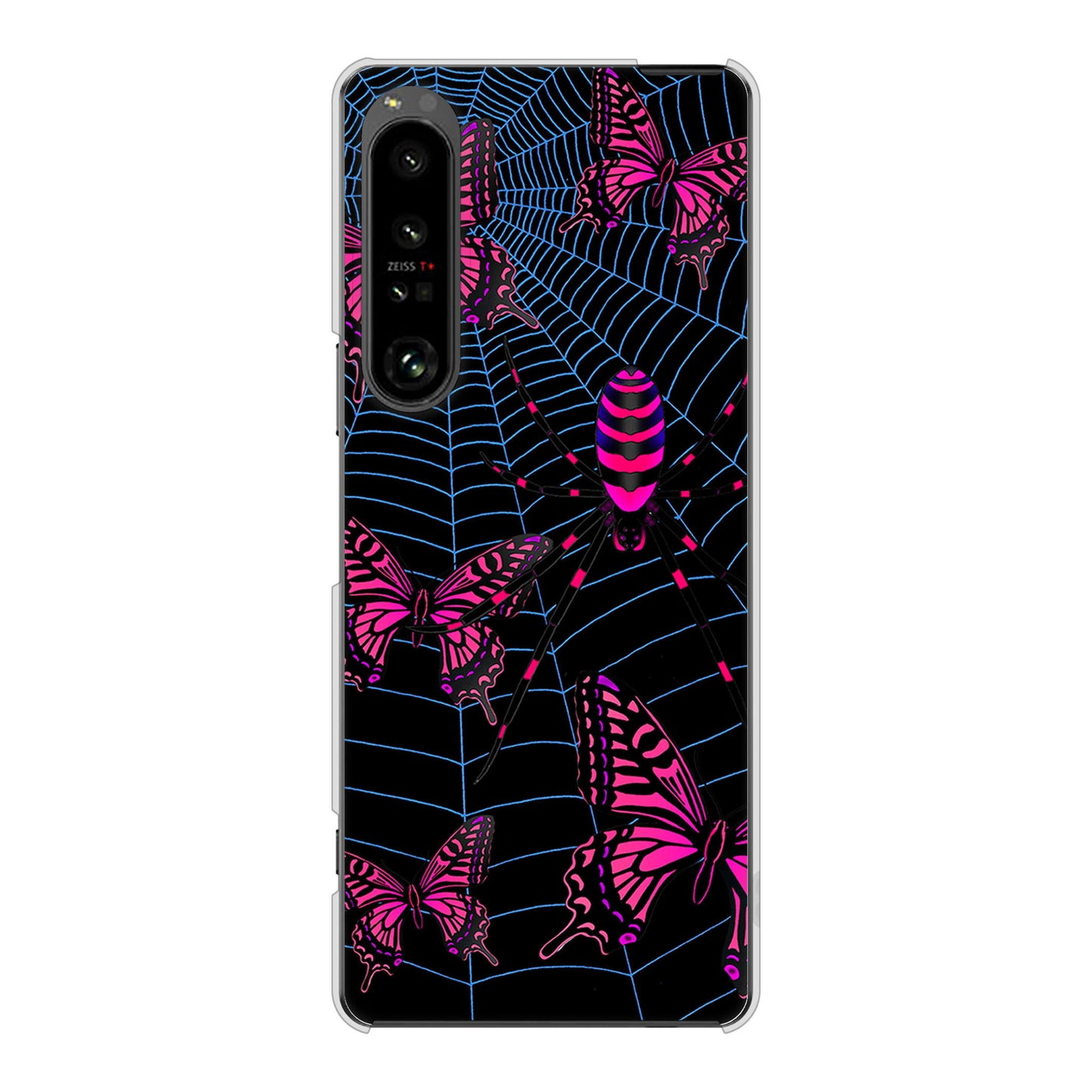 Xperia 1 V SO-51D docomo 高画質仕上げ 背面印刷 ハードケースむかいあぐる 蜘蛛の巣に舞う蝶