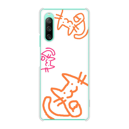 Xperia 10 IV SOG07 au 高画質仕上げ 背面印刷 ハードケース 【1098 手まねきする3匹のネコ】