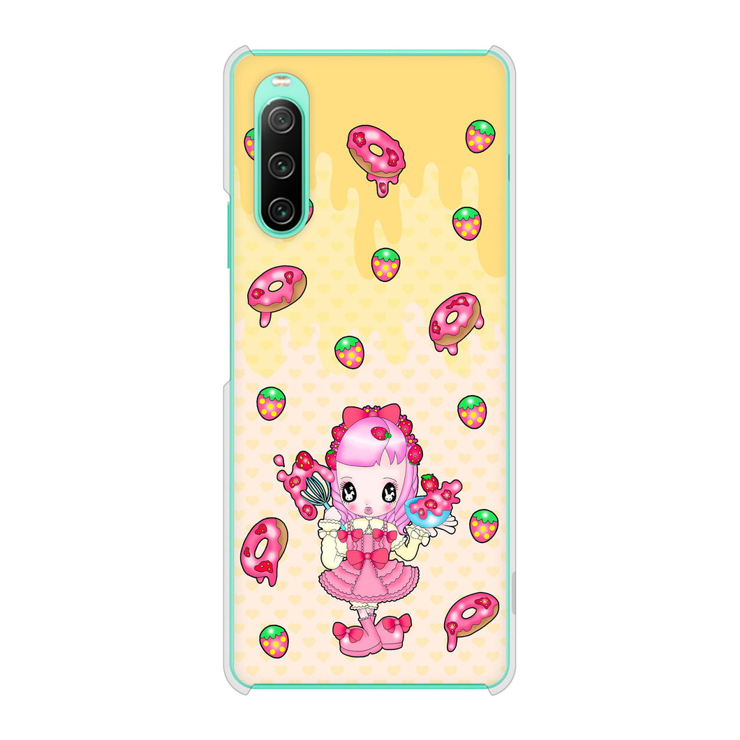 Xperia 10 IV SOG07 au 高画質仕上げ 背面印刷 ハードケース むかいあぐる ストロベリードーナツ
