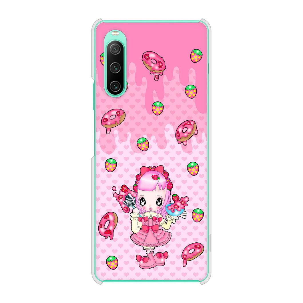 Xperia 10 IV SOG07 au 高画質仕上げ 背面印刷 ハードケース むかいあぐる ストロベリードーナツ