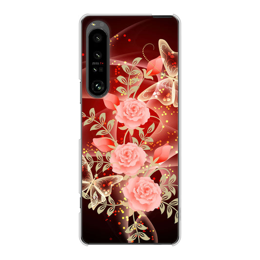 Xperia 1 V SOG10 au 高画質仕上げ 背面印刷 ハードケース 【VA824 魅惑の蝶とピンクのバラ】
