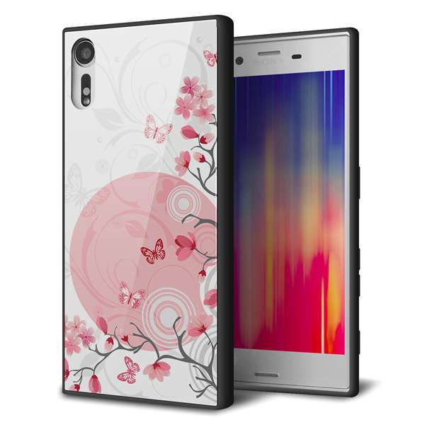 au エクスペリアXZ SOV34 強化ガラス&TPUスマホケース ガラプリ【030 花と蝶(うす桃色)】