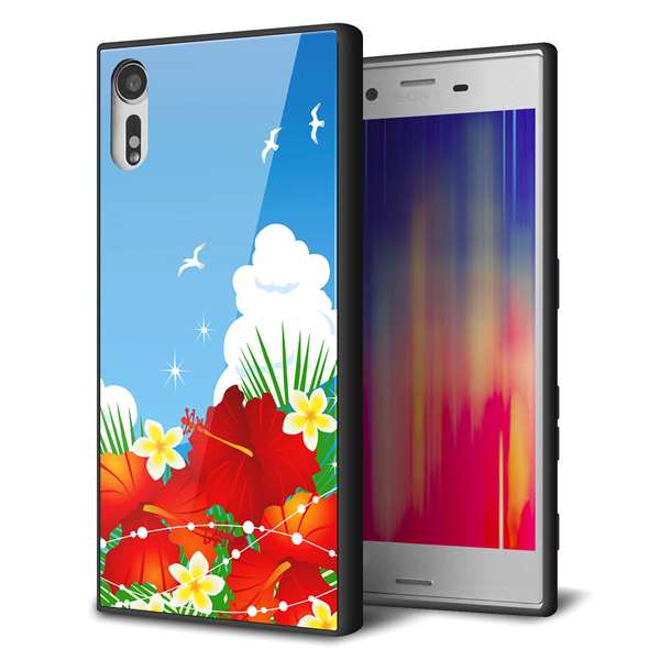 au エクスペリアXZ SOV34 強化ガラス&TPUスマホケース ガラプリ【VA821 ハイビスカスと青空】