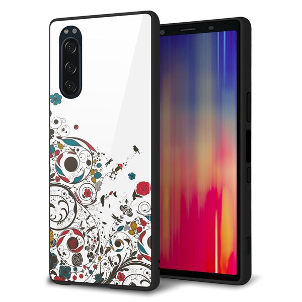 au エクスペリア5 SOV41 強化ガラス&TPUスマホケース ガラプリ【EK908 カラフルな花と鳥】