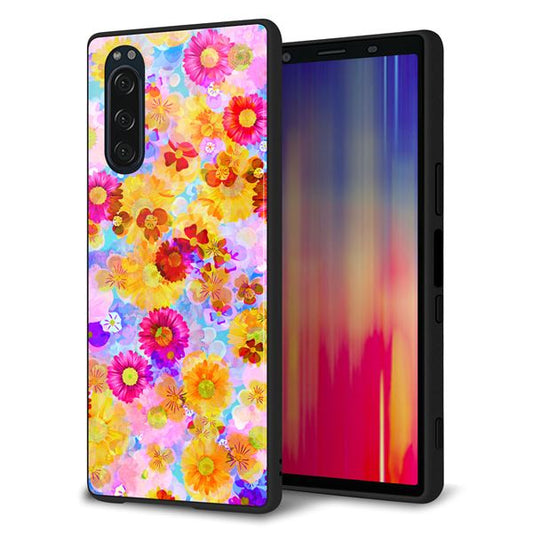 au エクスペリア5 SOV41 強化ガラス&TPUスマホケース ガラプリ【SC870 リバティプリント フルールドパルファン(ブルー)】