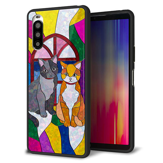 au エクスペリア10 II SOV43 強化ガラス&TPUスマホケース ガラプリ【MA995 ステンドグラス ネコ】