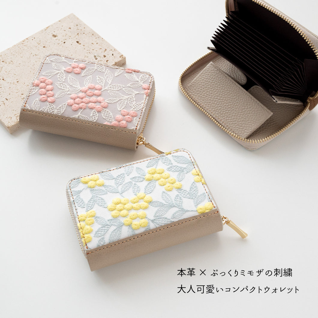 ぷっくりミモザ × シュリンクレザー ミニ財布 お札が折れない コンパクトウォレット