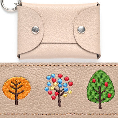 シマエナガとネコ マルチポーチ 【 シュリンクレザー 刺繍 】 カード収納 小物入れ