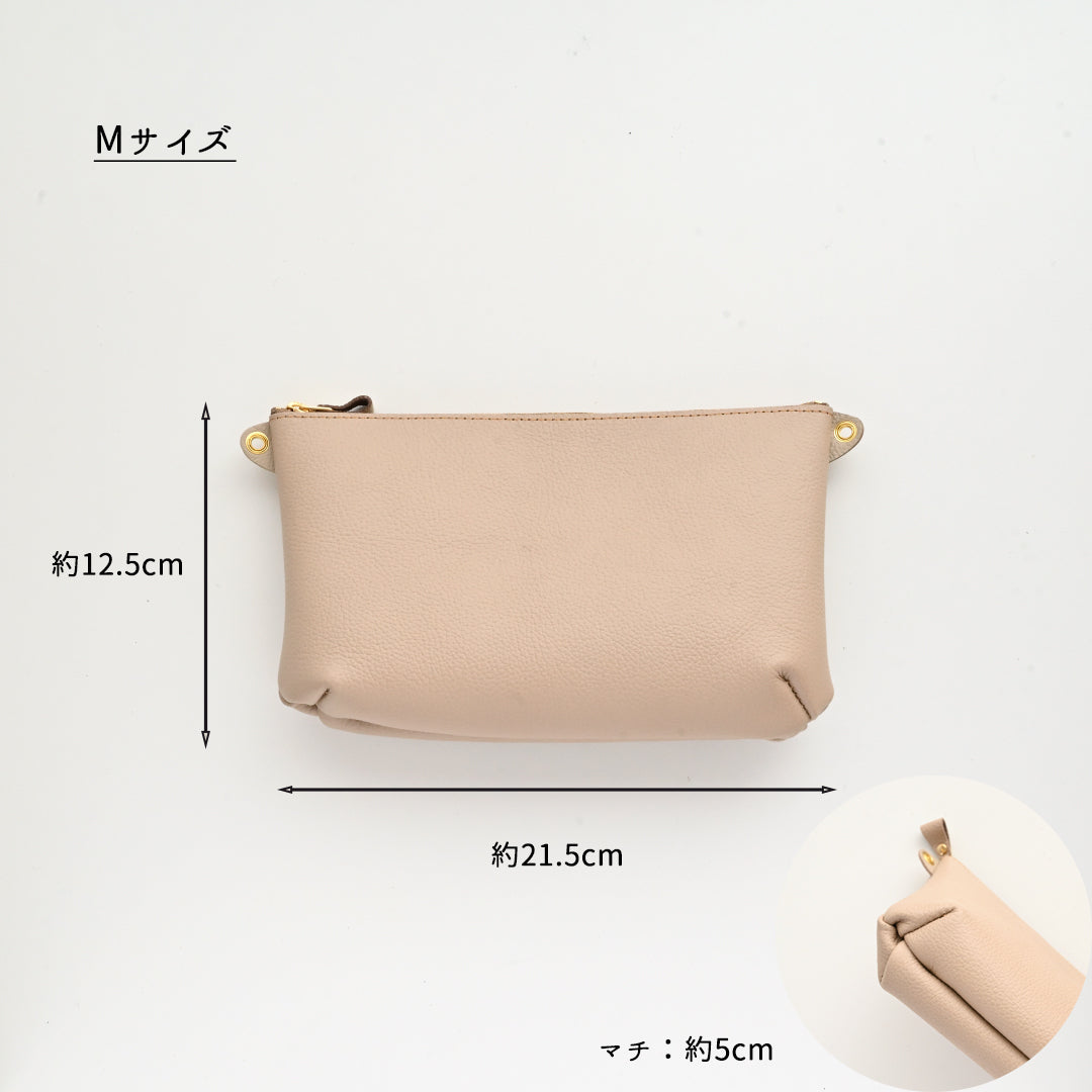 姫路レザー シュリンクレザー 横型マチありファスナーポシェット