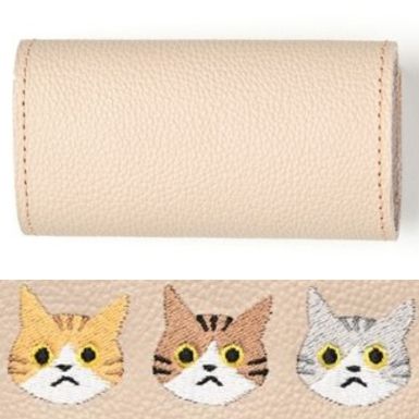 シマエナガとネコ 三つ折り キーケース 【 シュリンクレザー 刺繍 】 姫路レザー 本革