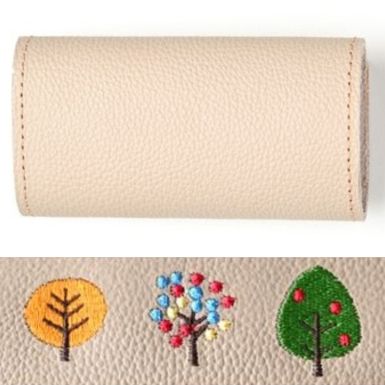 シマエナガとネコ 三つ折り キーケース 【 シュリンクレザー 刺繍 】 姫路レザー 本革