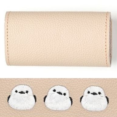 シマエナガとネコ 三つ折り キーケース 【 シュリンクレザー 刺繍 】 姫路レザー 本革