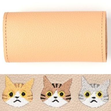 シマエナガとネコ 三つ折り キーケース 【 シュリンクレザー 刺繍 】 姫路レザー 本革