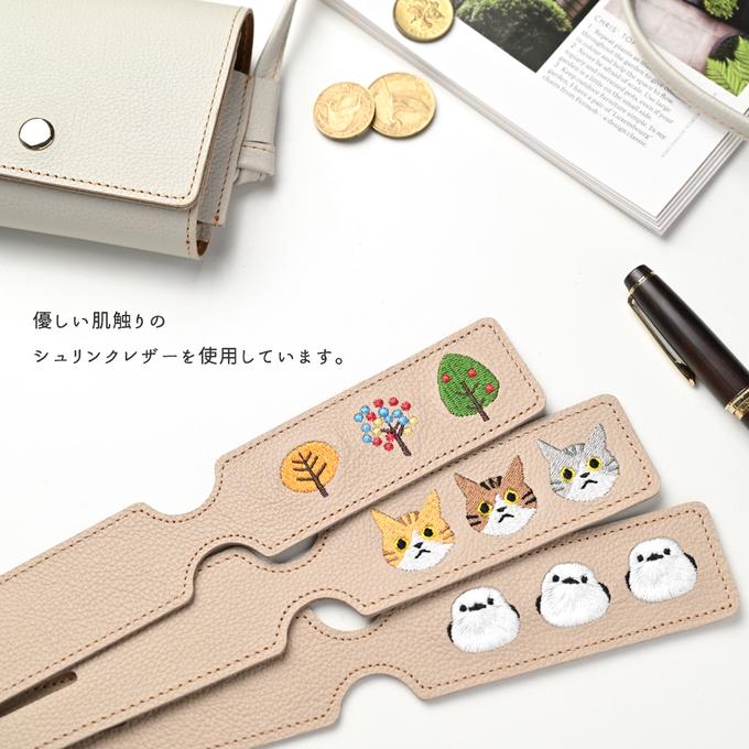 シマエナガとネコ ラゲッジタグ 【 シュリンクレザー 刺繍 】 本革 レザータグ 旅行 トラベルグッズ 姫路レザー
