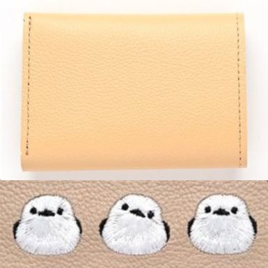シマエナガとネコ シンプル 三つ折り財布 【 シュリンクレザー 刺繍 】 ミニ財布 ミニウォレット コンパクトウォレット 本革