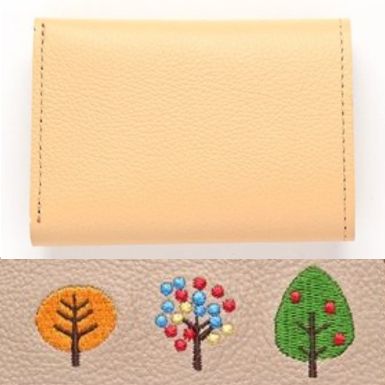 シマエナガとネコ シンプル 三つ折り財布 【 シュリンクレザー 刺繍 】 ミニ財布 ミニウォレット コンパクトウォレット 本革