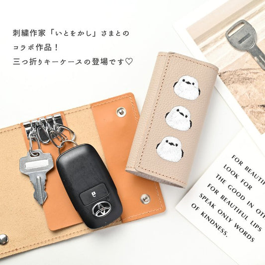 シマエナガとネコ 三つ折り キーケース 【 シュリンクレザー 刺繍 】 姫路レザー 本革