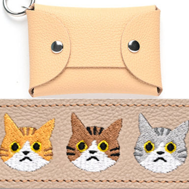 シマエナガとネコ マルチポーチ 【 シュリンクレザー 刺繍 】 カード収納 小物入れ