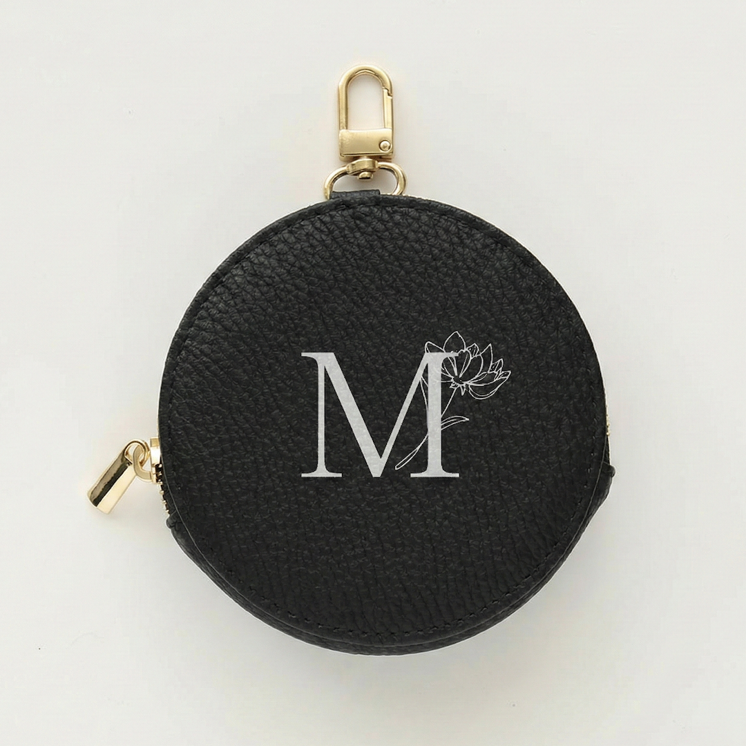 ミラー付き ラウンドポーチ simple イニシャル × 花
